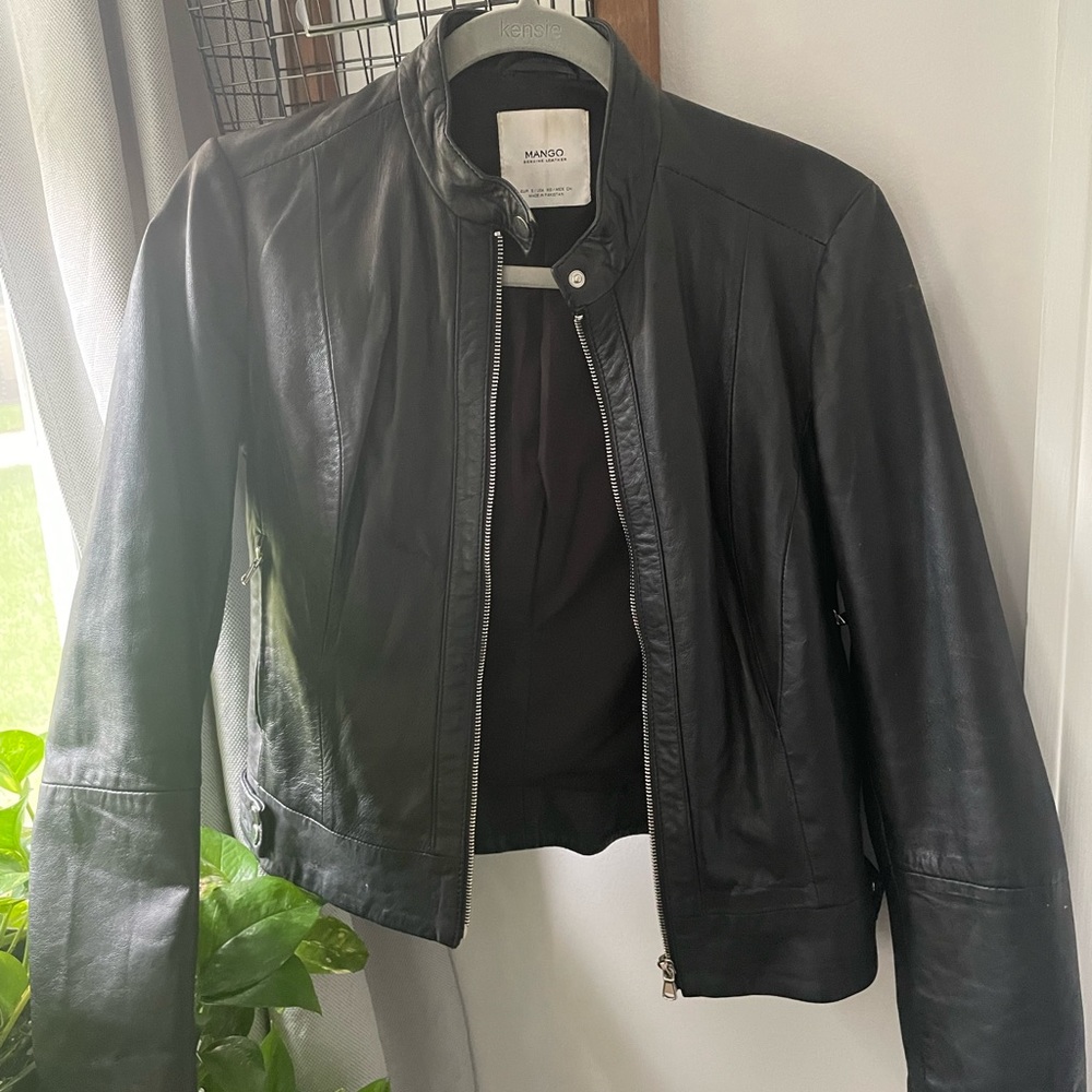 Mango genuine leather black leather jacket in size xs.